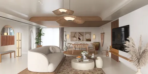 a cozy living room featuring a modern sofa and wooden accents, designed in a minimalist style for optimal interior decor, utilizing Homestyler's real-time 3D rendering for design preview