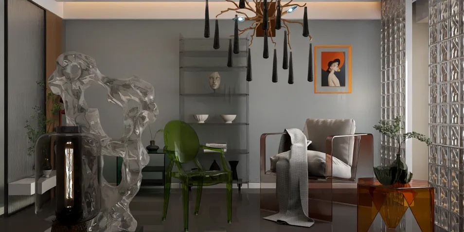 modern sculptures decorating a living room with stylish furniture and artwork in a contemporary interior design showcasing Homestyler's real-time 3D rendering feature