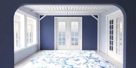 Interior space featuring a blue-themed room with large windows and floral patterned rug, showcasing a calming and modern design style, utilizing Homestyler's real-time 3D rendering feature for effective design visualization.