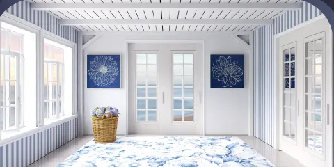 Bright and airy living room featuring large windows and beautiful floral decor, showcasing interior design, with Homestyler's real-time 3D rendering for effective design proposal display.