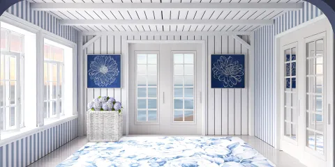 Bright airy room featuring floral artwork and blue accents, showcasing a beach house interior design style, enhanced by Homestyler's real-time 3D rendering capabilities for a quick design proposal preview.
