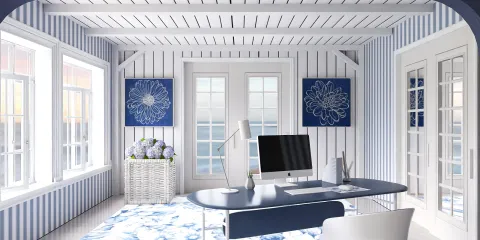 A modern home office design featuring a sleek blue desk, surrounded by striped walls and natural light flooding through large windows, emphasizing a coastal style with floral accents. Includes Homestyler’s real-time 3D rendering for effective design visualization.