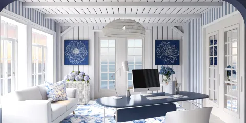 cozy living room with blue and white decor featuring a computer desk and floral accents, showcasing modern interior design with Homestyler's real-time 3D rendering feature.
