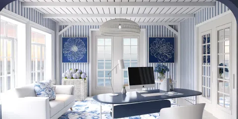 a home office featuring a blue and white striped wall design with floral accents, designed using Homestyler's 3D interior rendering capabilities, optimizing space functionality and style.