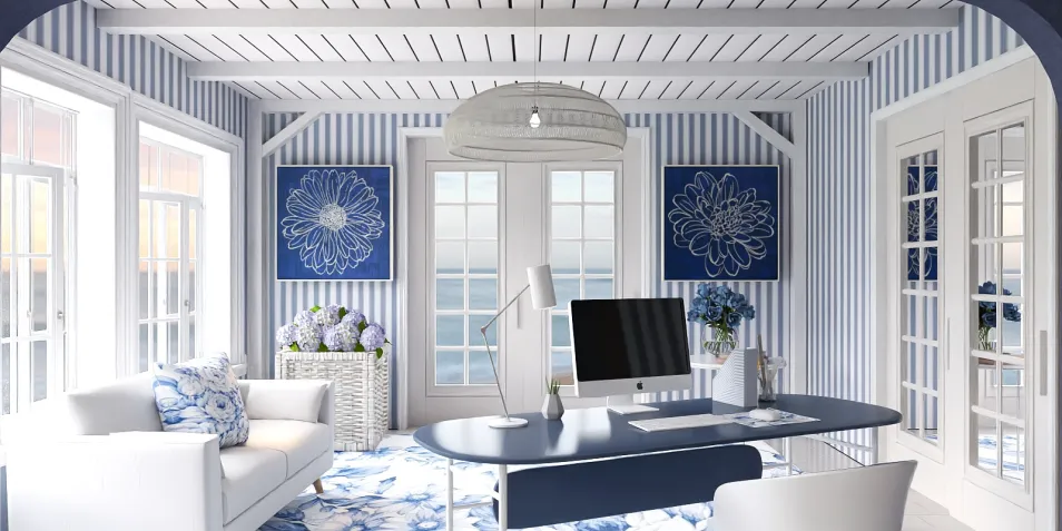 a home office featuring a blue and white striped wall design with floral accents, designed using Homestyler's 3D interior rendering capabilities, optimizing space functionality and style.
