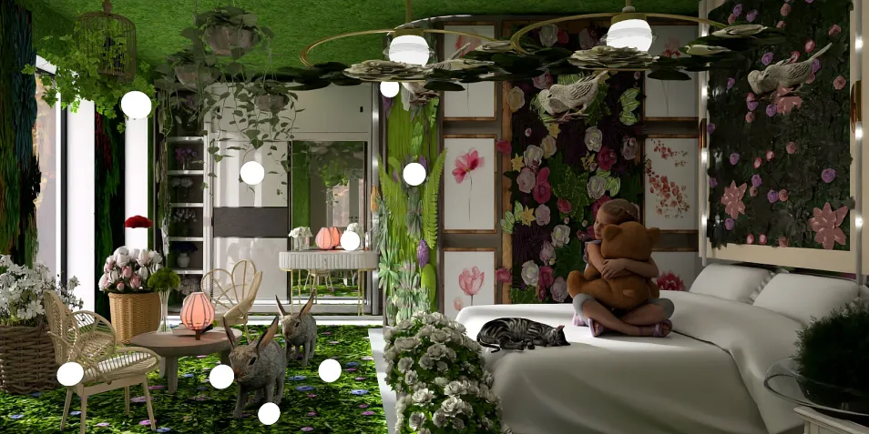 lush green bedroom design featuring a cozy bed and stylish seating area with floral accents, showcasing interior decor creativity through Homestyler's real-time 3D rendering for an immersive design experience.