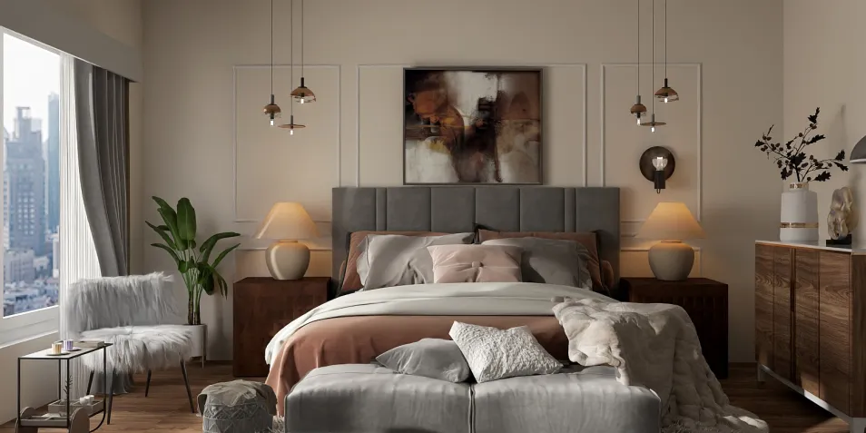 modern bedroom design featuring a cozy atmosphere with a gray upholstered bed and stylish decor, utilizing Homestyler's real-time 3D rendering for a realistic visual preview.