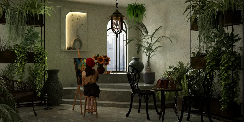 artist painting flowers in a serene indoor garden space with lush greenery and elegant furnishings, featuring Homestyler's real-time 3D rendering to visualize interior decor ideas.