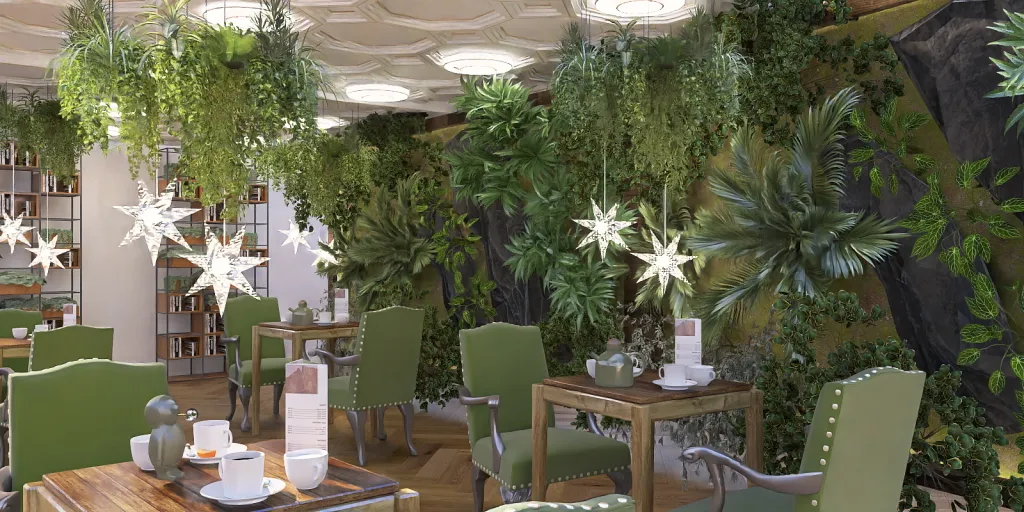 a room filled with tables and chairs with plants 