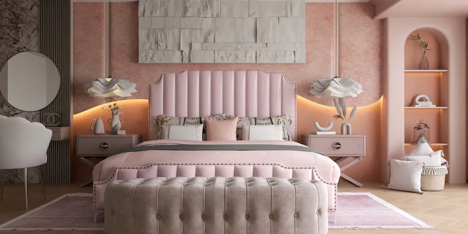 A luxurious bedroom design featuring a pink upholstered bed, stylish bedside lamps, and decorative shelving. This contemporary interior style showcases a blend of elegance and comfort, utilizing Homestyler's real-time 3D rendering functionality for accurate design visualization.