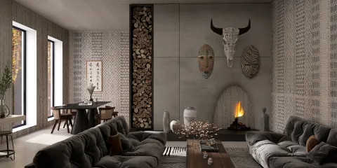 cozy living room with modern design featuring a fireplace and decorative masks, showcasing an earthy aesthetic, ideal for interior decor inspiration using Homestyler's real-time 3D rendering.