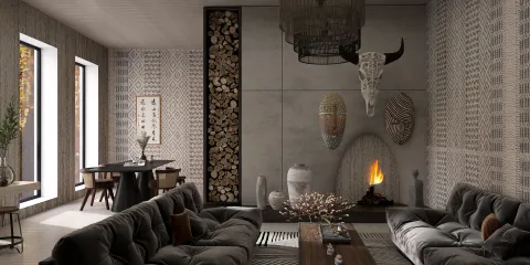 modern living room design featuring a cozy seating arrangement and natural elements, showcasing an earthy style and maximizing space value, utilizing Homestyler's real-time 3D rendering functionality.