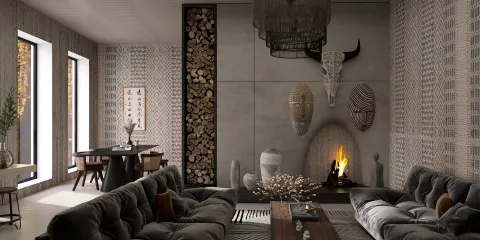 Stylish living room featuring a modern fireplace and artistic wall decor, designed with a contemporary aesthetic, showcasing interior design techniques; leveraging Homestyler's real-time 3D rendering for instant design proposals.
