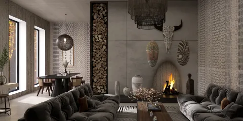 modern living room featuring unique artistic decor and a cozy fireplace with textured walls and ambient lighting, designed using Homestyler's real-time 3D rendering for a realistic preview of the interior layout.