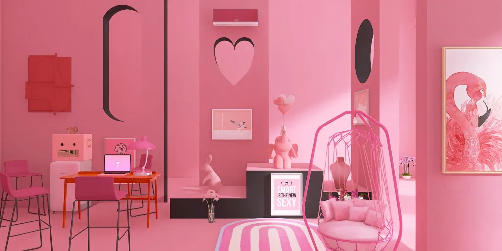 a room with a pink wall and a pink bed 