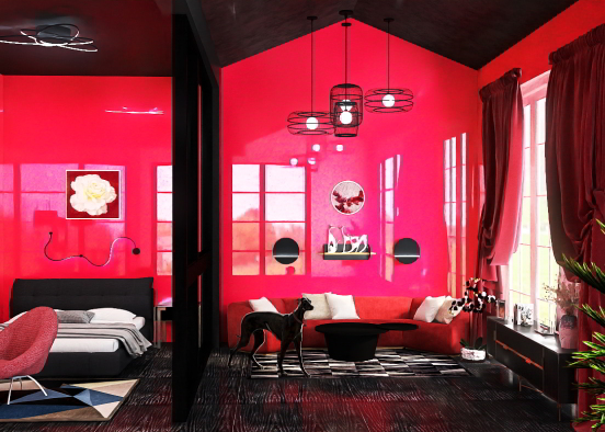 Красно-черная гостиная со спальней Design Rendering