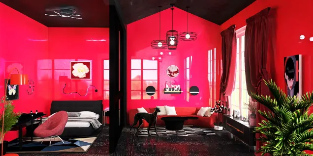 Красно-черная гостиная со спальней
