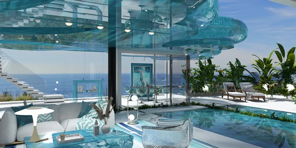 modern interior living room with glass walls featuring a stunning ocean view, designed with a tropical style and utilizing Homestyler's real-time 3D rendering feature for immersive design visualization.