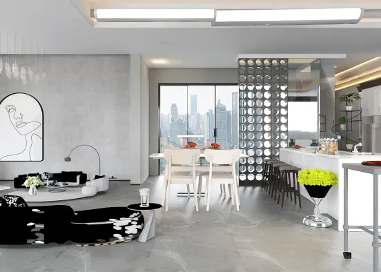 landscape living room, dinner and kitchen  Design Rendering