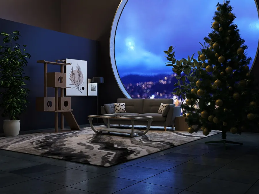 a living room with a large christmas tree 