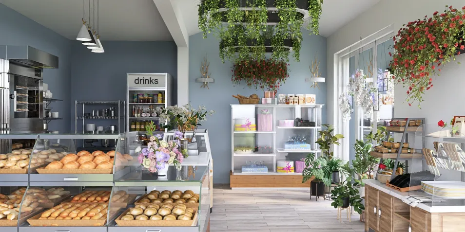 Bakery interior featuring a display of bread and pastries, utilizing smart furniture arrangement for optimal customer flow, in a modern and inviting style, showcasing Homestyler's real-time 3D rendering feature.