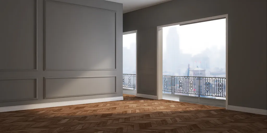 a room with a window and a large window 