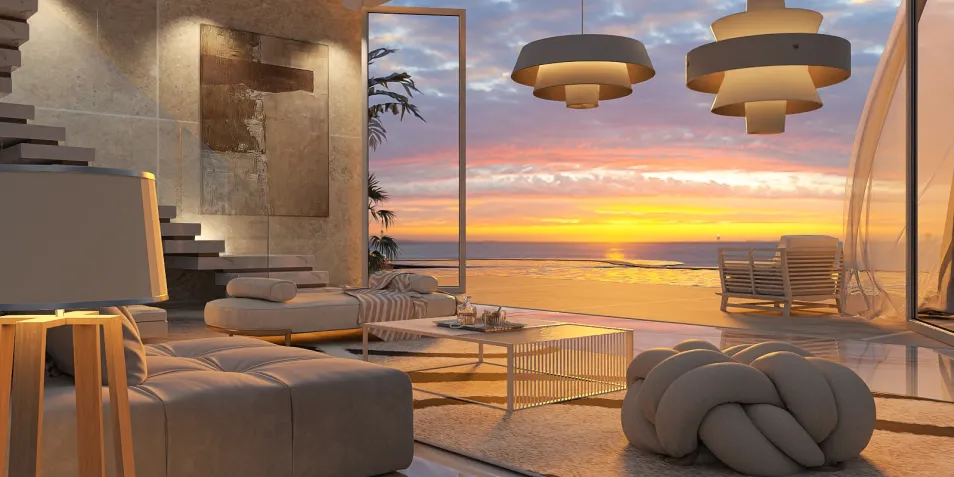 stylish living room featuring modern furniture arrangement with ocean sunset view, promotes interior decor innovation through Homestyler's real-time 3D rendering capabilities