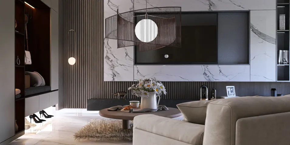 living room interior design showcasing a modern style with smart furniture arrangement, featuring a 3D rendering effect from Homestyler, emphasizing a cozy space value