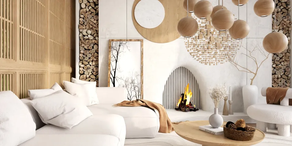 Cozy living room design with a modern fireplace, featuring minimalist furniture and natural materials, creating a serene atmosphere; showcasing Homestyler's real-time 3D rendering for effective interior decor visualization.