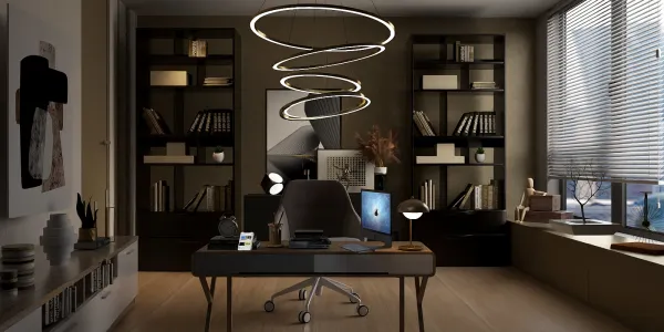 modern office space featuring a sleek desk arrangement with elegant bookshelves, designed using Homestyler's smart furniture layout for optimal space utilization, creating a sophisticated and functional workspace ambiance.