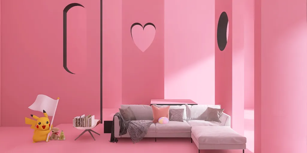 a pink and white room with a pink bed and a pink wall 