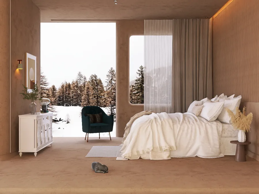 a bed room with a white bedspread and a white chair 
