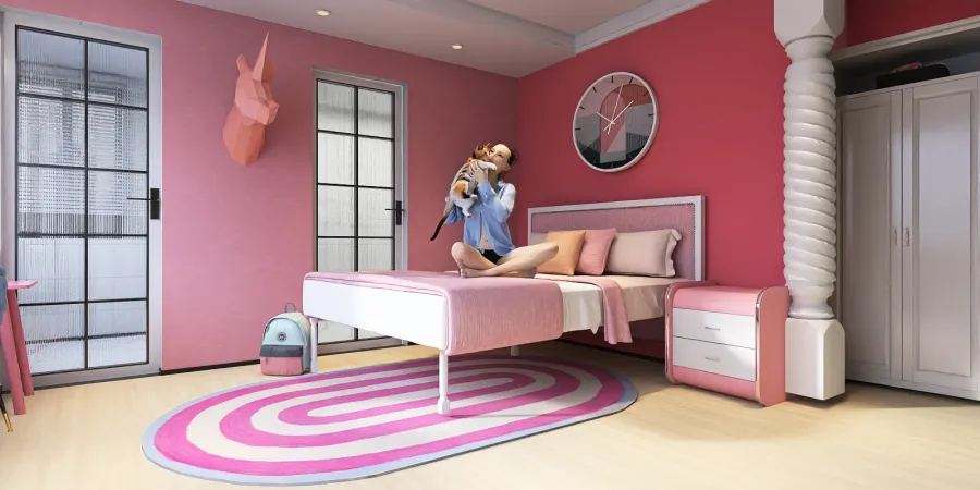 a woman sitting on a bed in a bedroom 