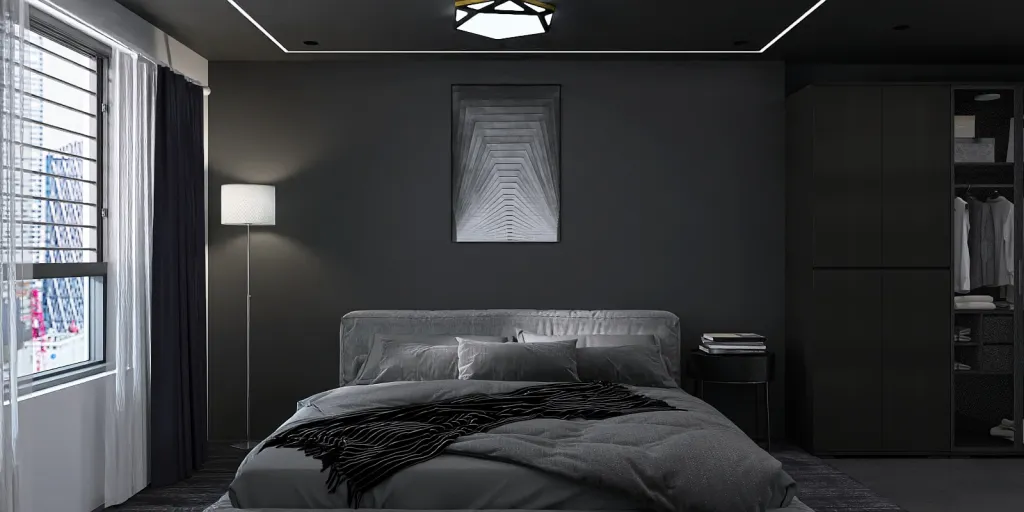 a bed in a room with a wall mounted wall clock 