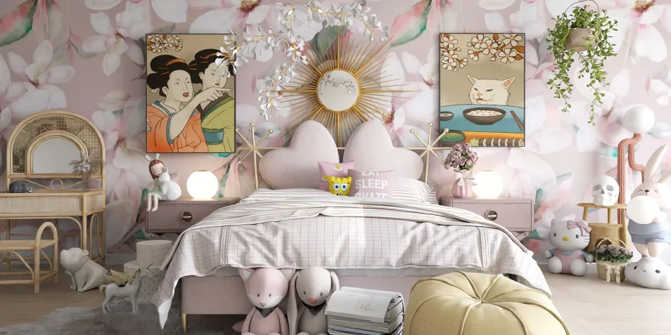 children's bedroom with floral wallpaper, cozy bedding arrangement, whimsical decor, enhancing space for creativity, featuring Homestyler's real-time 3D rendering capabilities.