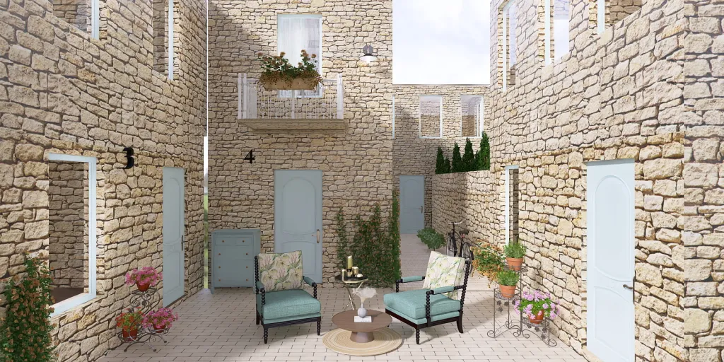 a patio with a stone wall and a stone patio with a brick wall 