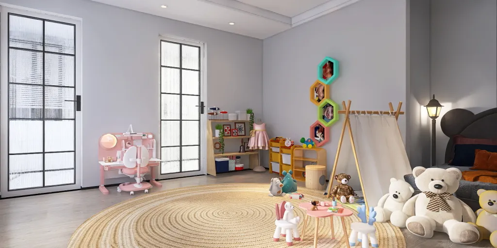 a small child's toy house with a stuffed animal 