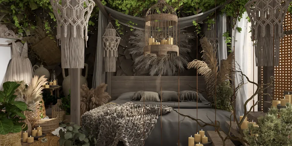 cozy bedroom with a bohemian style featuring natural materials and hanging light fixtures, showcasing interior decor using Homestyler's real-time 3D rendering function.