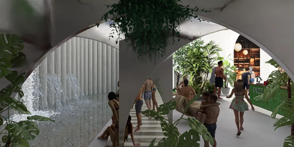 lush indoor garden with cascading water feature enhancing relaxation atmosphere in a modern cafe space, showcasing Homestyler's real-time 3D rendering for immersive interior design visualization