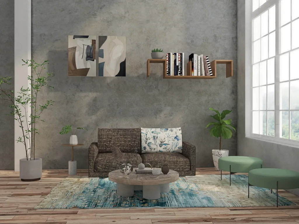 a living room with a couch, table, and a bookcase 