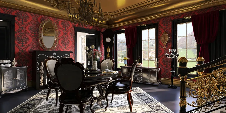 elegant dining room design featuring classic furniture arrangement with ornate details, showcasing a luxurious vintage style, enhanced by Homestyler's real-time 3D rendering for design proposal visualization.