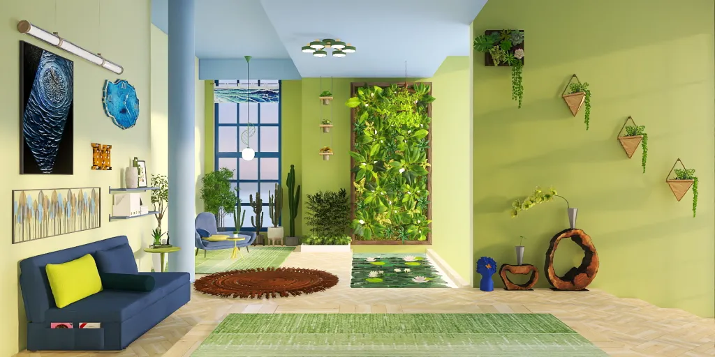 a living room with a green rug and green walls 