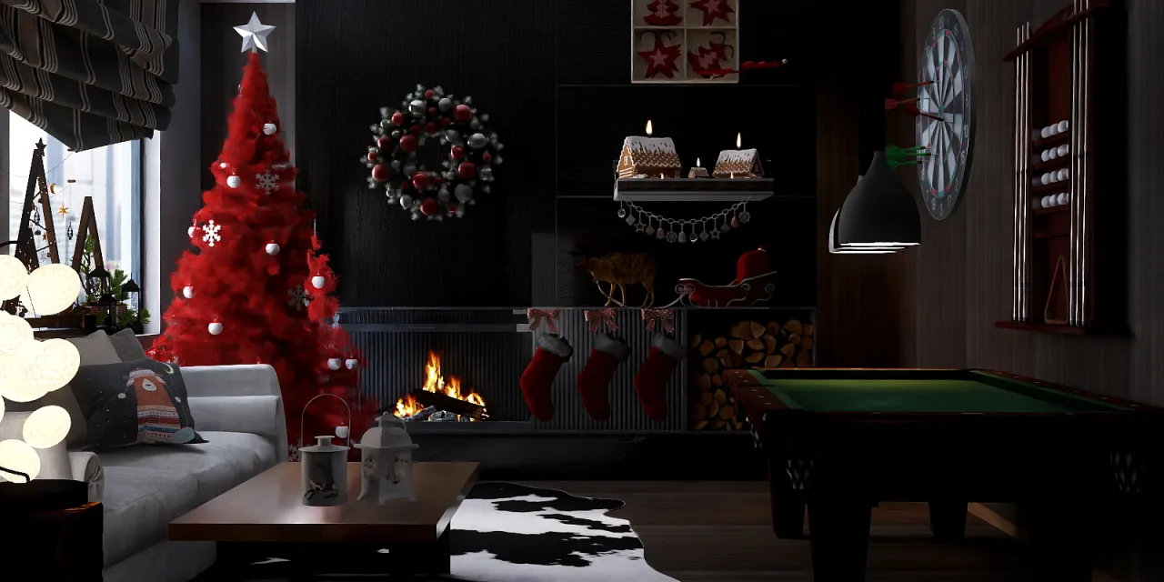 a living room with a fire place and a christmas tree 