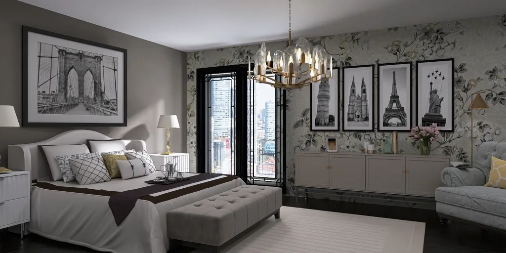 a bedroom with a large mirror and a large bed 