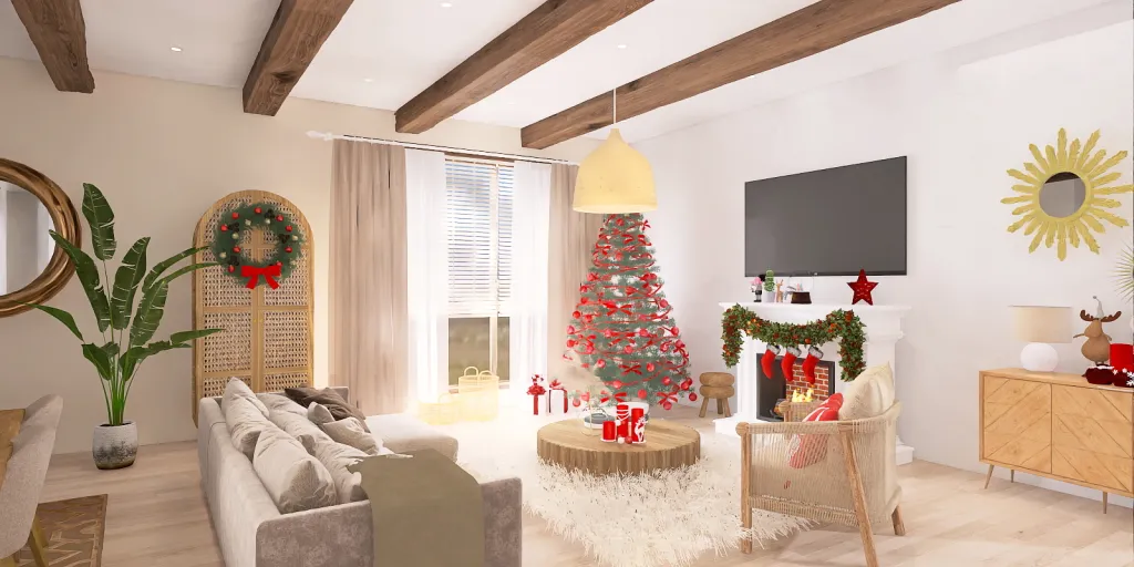 a living room with a fireplace, a table, and a christmas tree 