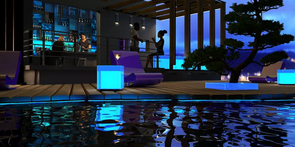 modern outdoor lounge area with glowing furniture and water features, featuring an elegant ambiance for social gatherings, utilizing Homestyler's real-time 3D rendering for fast design previews.
