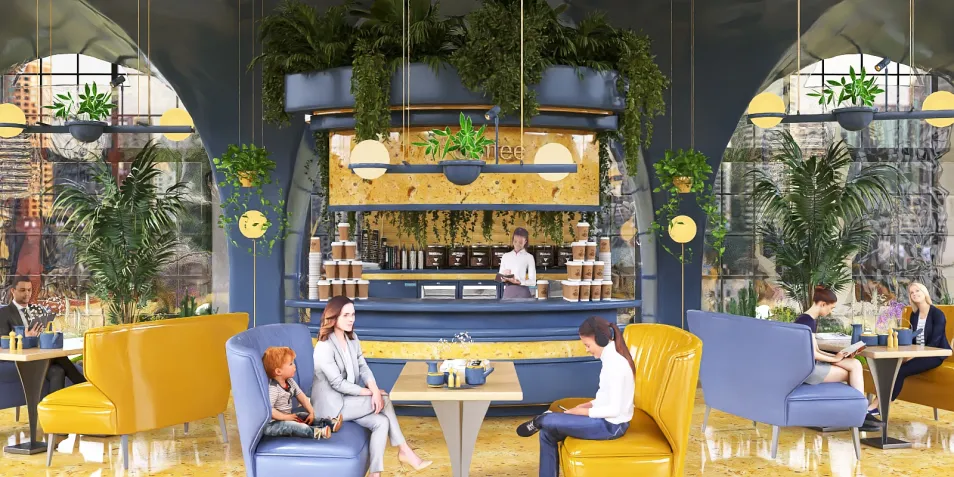 Modern restaurant interior design featuring a family enjoying a meal, showcasing vibrant seating arrangements and lush greenery, optimized using Homestyler's real-time 3D rendering for a realistic ambiance.