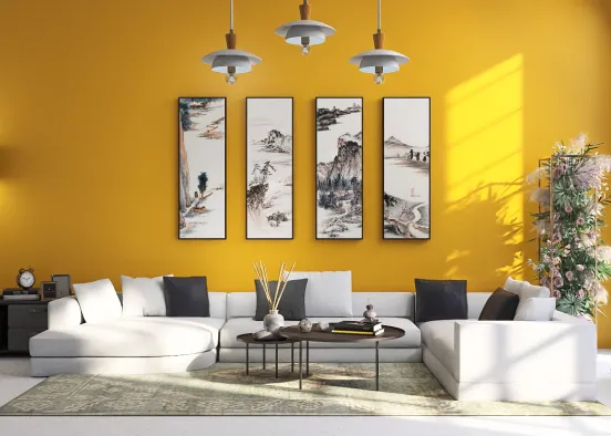 living room design with yellow accent wall  Design Rendering