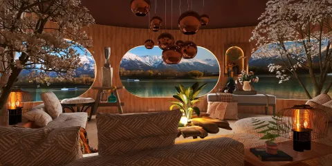 cozy living room with panoramic views and elegant pendant lighting creating a tranquil atmosphere for relaxation and socializing, featuring smart furniture arrangement from Homestyler.