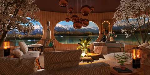 Cozy living room with modern furnishings featuring a view of mountains and water, designed for relaxation and comfort in a contemporary style, showcasing Homestyler's real-time 3D rendering feature.